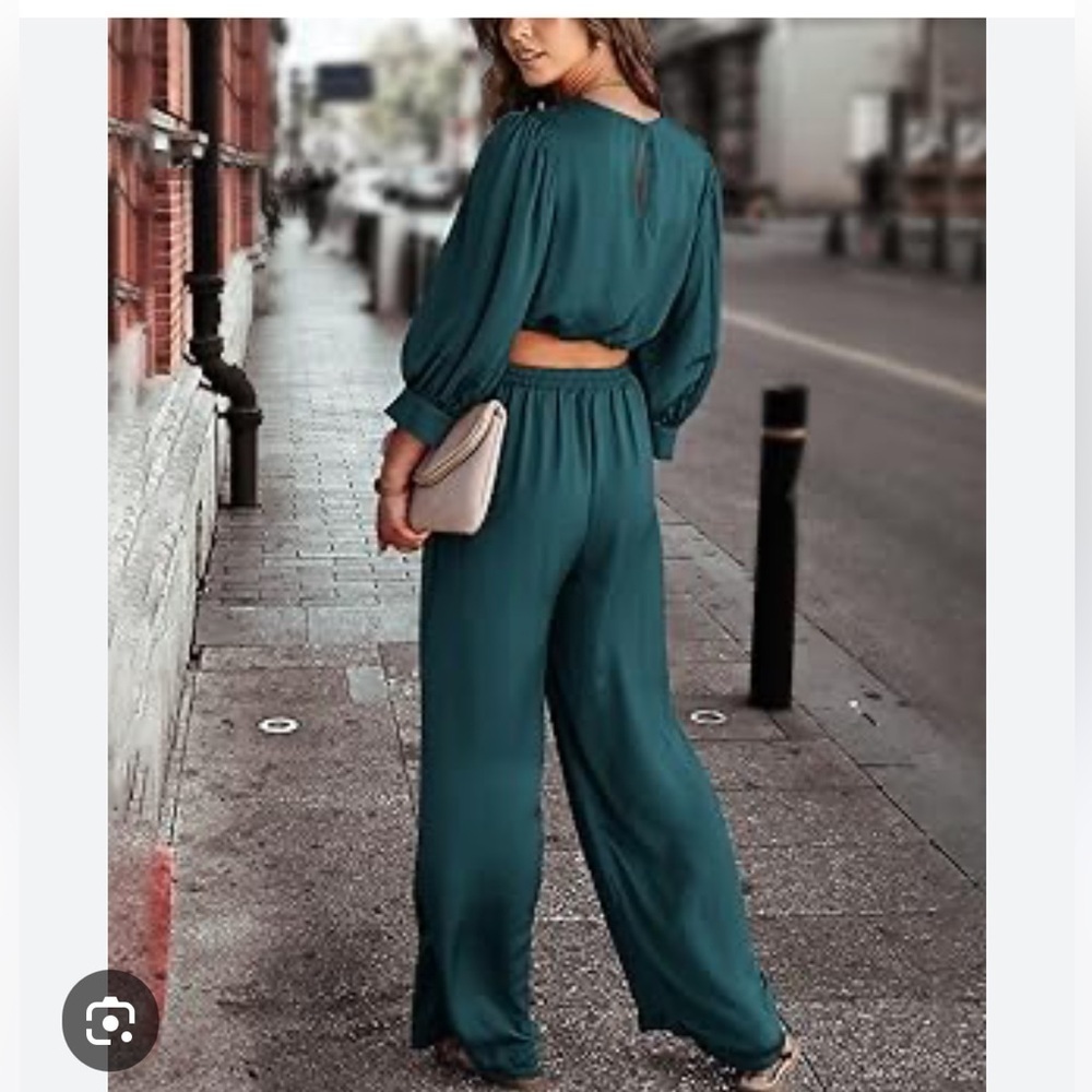 Long Puff Sleeve Crop Tops Loose Wide Long Palazzo
Pants new emerald green - Picture 3 of 11